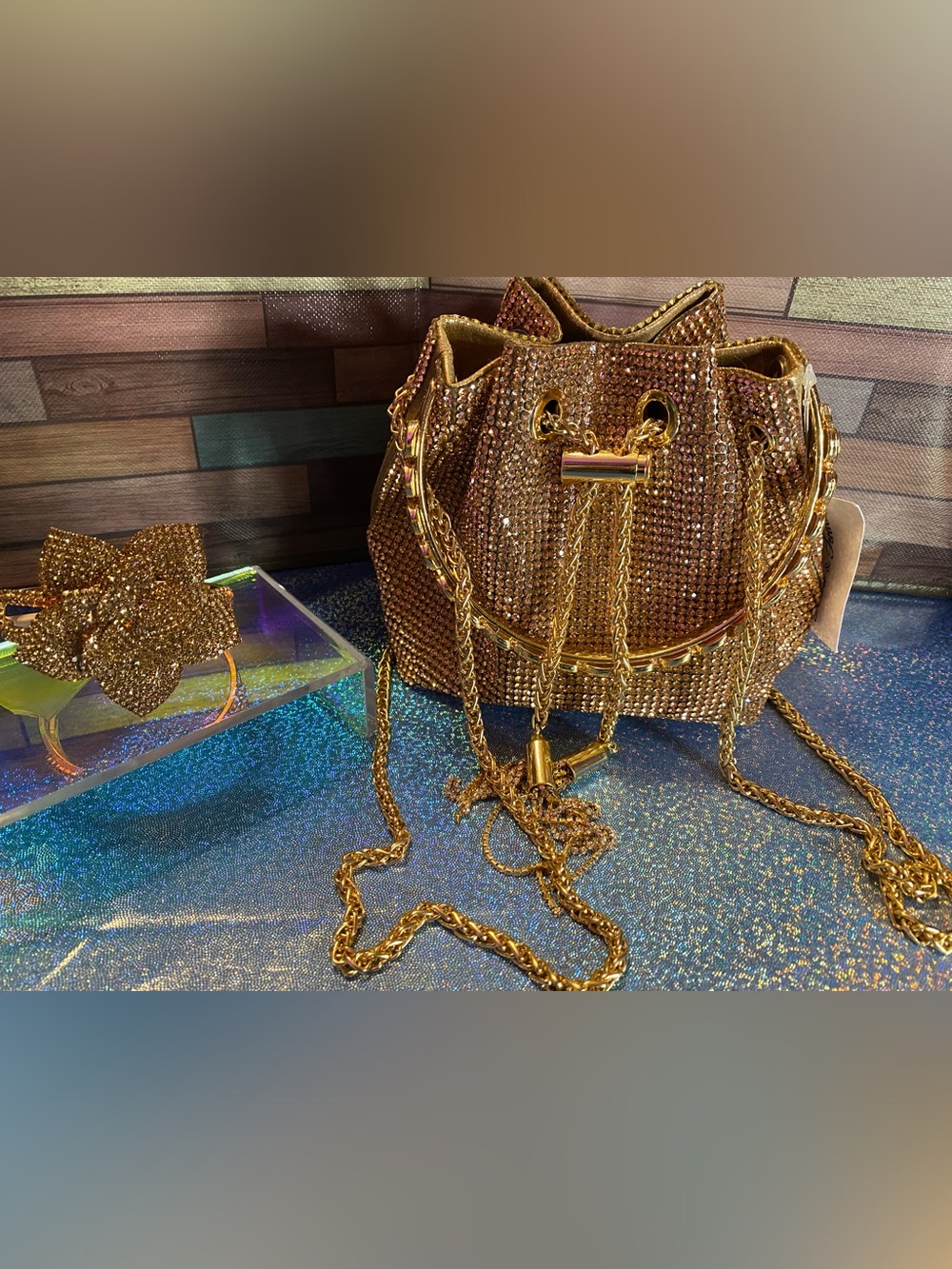 ✨💛 Golden Goddess Rhinestone Bucket Bag + Natasha Crystal Rose Cuff Set 💛✨